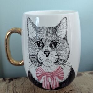 Pier 1 Cat Mug with Gold Handle and Pink Bow